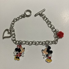 Disney Inspired Minnie Mickey Mouse Love Heart Flower Toggle Charm Bracelet New