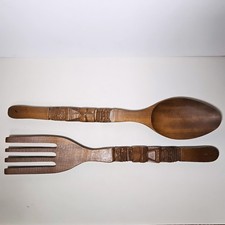 Vintage MCM Large Wooden Spoon & Fork Tiki Totem Pole Carved Wall Hanging Decor