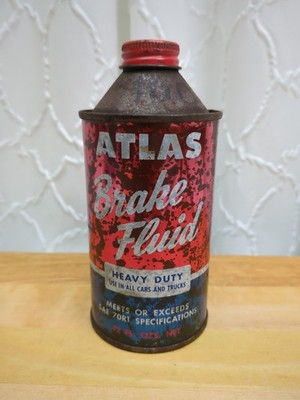 Vintage Atlas 12 Oz Cone Top Heavy Duty Break Fluid Can Advertising Gas Oil 