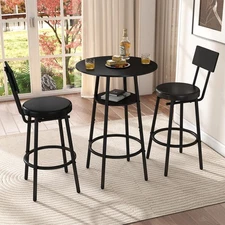 3 Pieces Round Bar Table Set, Small Dining Table for 2, Black Kitchen Bar Tab...