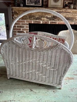 Vintage White Wicker Magazine Rack Storage Stand - Image 1 of 4