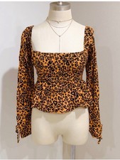 URBAN OUTIFTTERS Ava Brown Animal Print Long Sleeve Peplum Top Size S