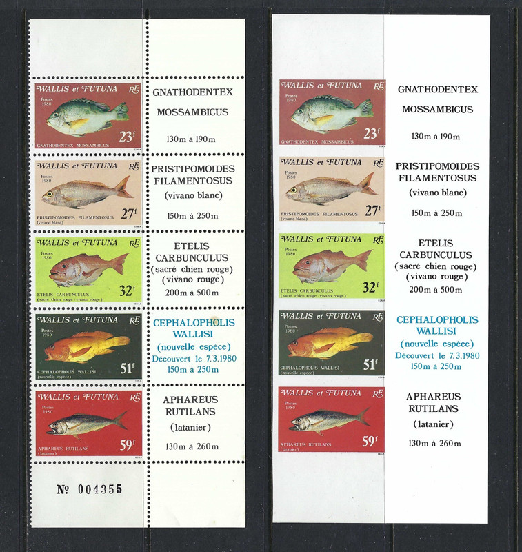 Wallis & Futuna 1980 #260a Se-tenant strip of 5 PERF & IMPERF MNH Fish