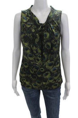 Milly Womens Sleeveless Black Silk Blouse Tie Neck Bird Print Size 4