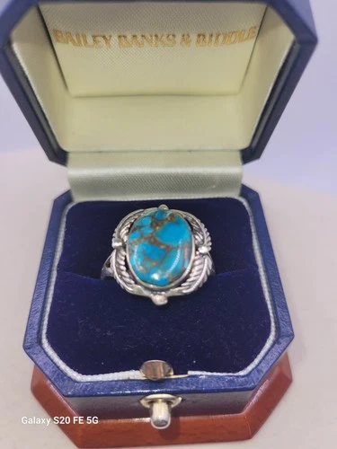 Vintage Turquoise Sterling Ring Natural Copper Veining Feathers Size 9.5 Signed