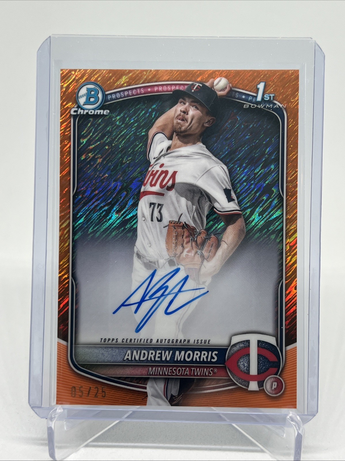 2025 Bowman Andrew Morris 1st Chrome Orange Shimmer Auto /25 Twins