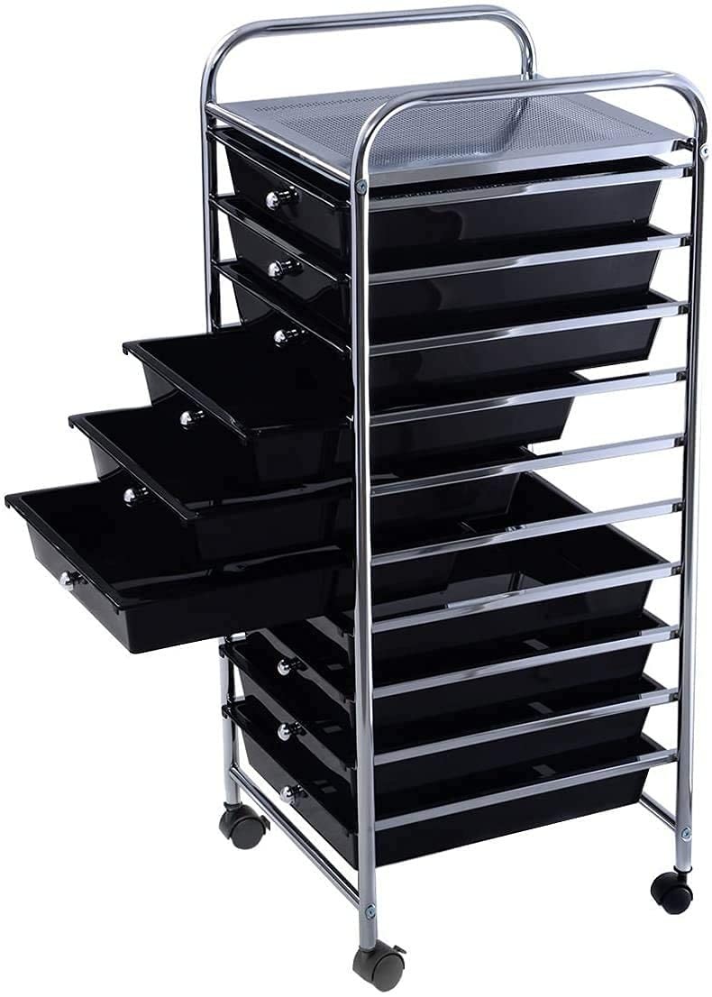 10-Drawer Mobile Storage Cart with Wheels for Cosmetics Files Organizing