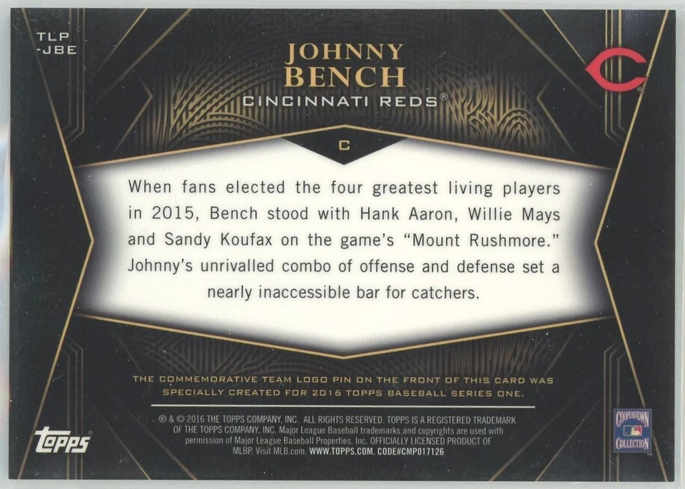 2016 Topps #TLP-JBE Johnny Bench Team Logo Pin Relic - Image 2 of 2
