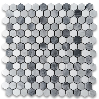 C31A7XH Carrara White Marble Monochrome Hexagon Mosaic Tile Gray White Honed
