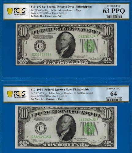 1934 1934A $10 Philadelphia FRN PCGS 63PPQ Rev Changeover Fr 2006-Cm Fr 2005-C