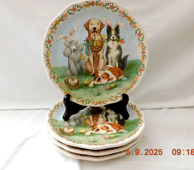 Retired Pier 1 Imports Easter Parade Dog 4 Dessert/Salad Plates 9'' Unused w2s2