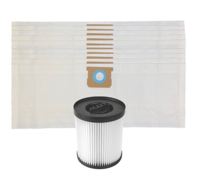 x10 Bags + Wet & Dry Cartridge Filter For Mac Allister MWDV-20L-A MWDV-30L-A