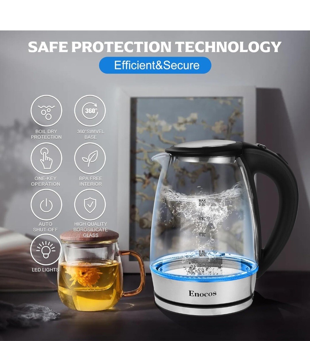 Enocos Fast Boil Electric Kettle, 2.0 L, 2300 Watts, Glass Kettle Easy