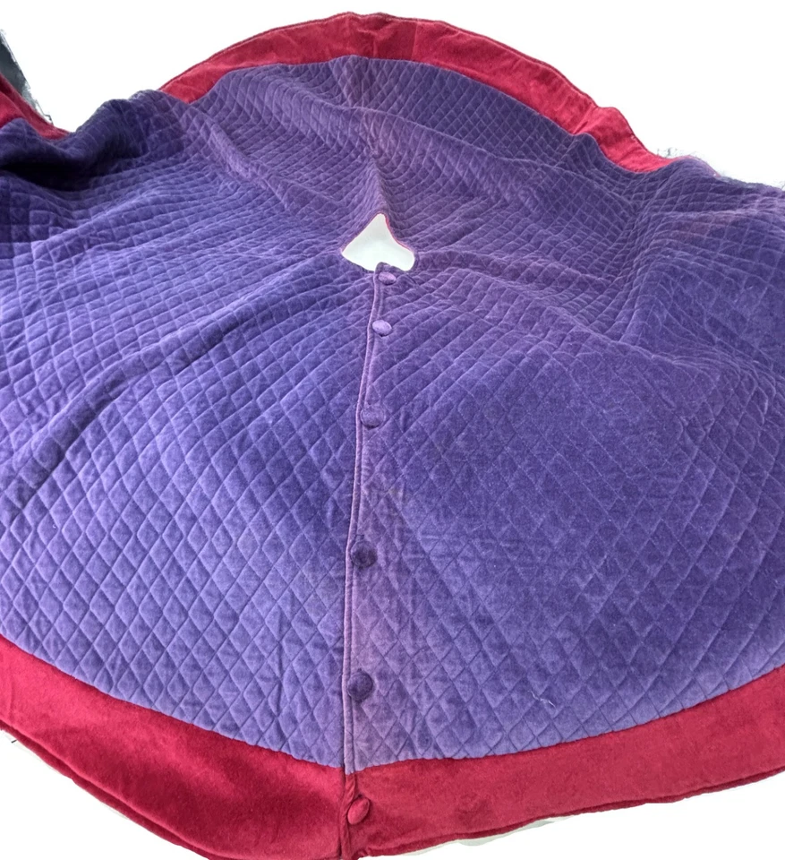 Pottery Barn Quilted Velvet Christmas Tree Skirt Purple Red Button Closure - Image 3 of 4