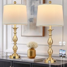 28" Tall Modern Table Lamps Set of 2 with USB A C Ports and AC Outlet, 3 Gold