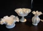 Lot of 3 Vintage Fenton Silver Crest White Milk Glass Vase Ruffled Edge