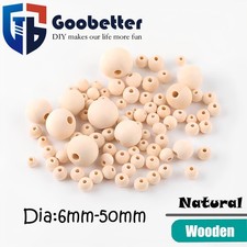 NATURAL ROUND WOODEN BEADS 6mm - 50mm UNTREATED PLAIN WOOD LARGE HOLE