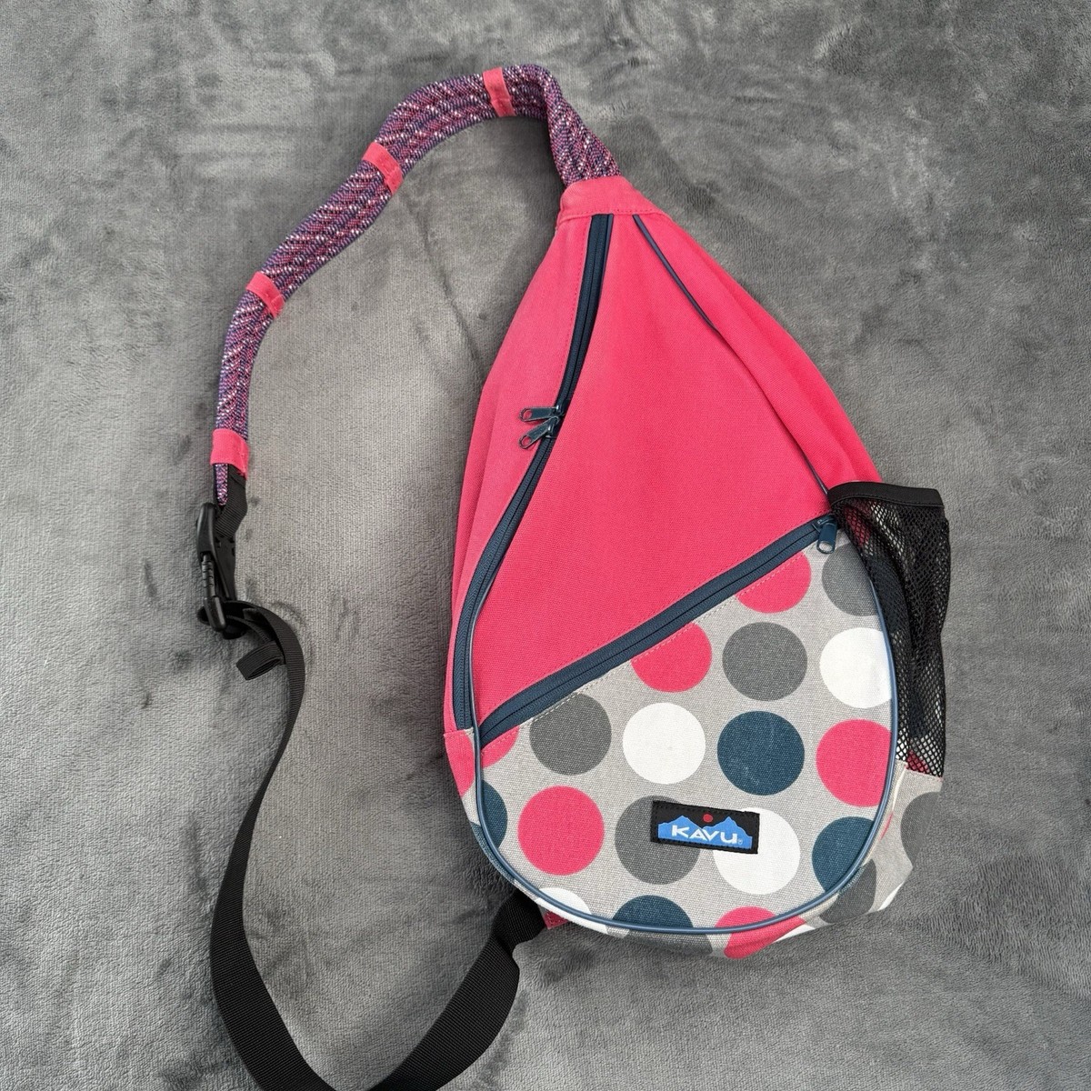 KAVU Rope Sling Bag Pink Polka Dot Canvas Crossbody Backpack 