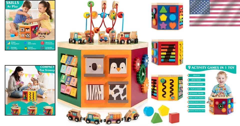 Educational 9-in-1 Wooden Activity Cube with Magnetic Train for Kids - Safe Fun! - Image 2 of 4
