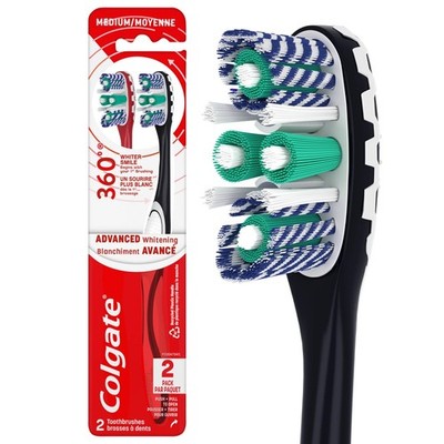 Colgate 360 Optic White Advanced Adult Manual Whitening Toothbrush, Medium, 2 Pa