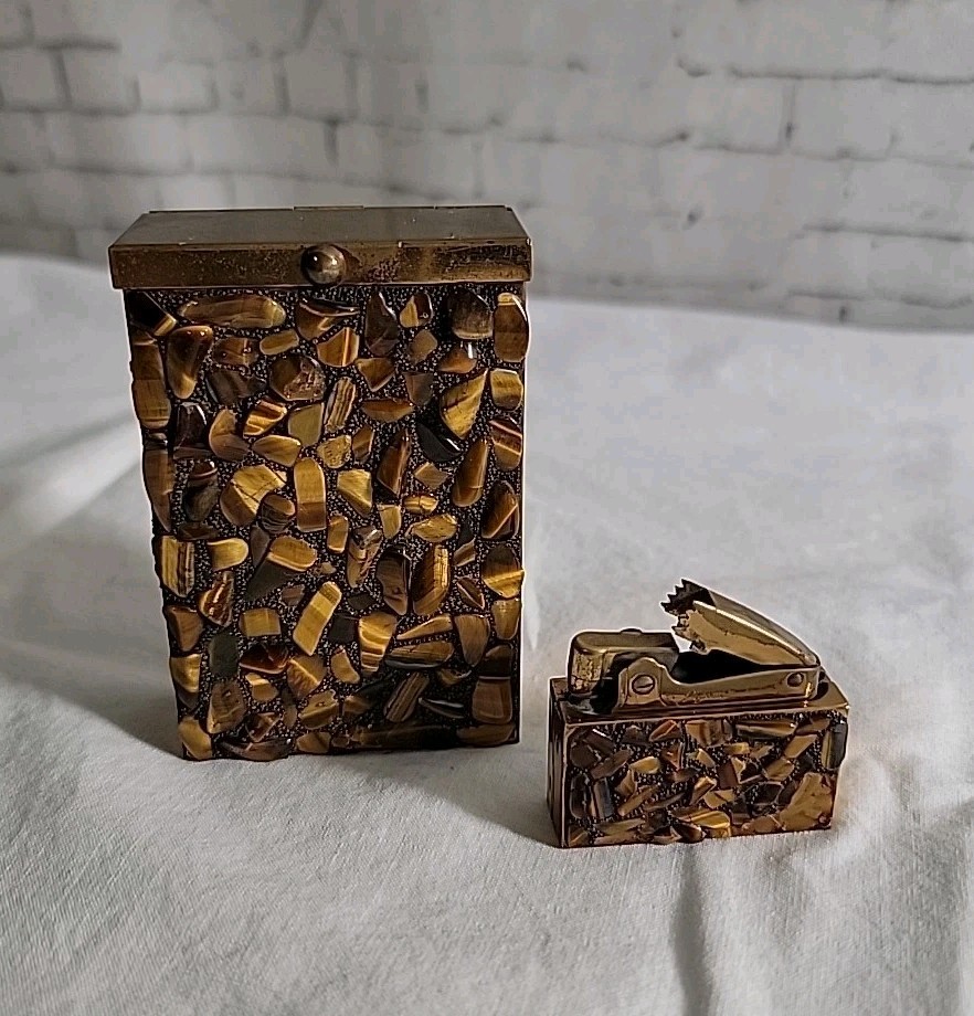 Vintage Tigers Eye Stones Cigarette Case & Small Pigeon Lighter P.T.9004 