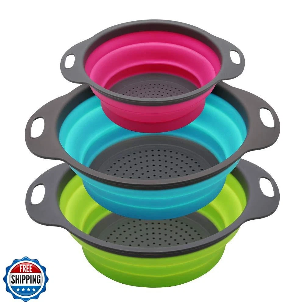 Qimh Collapsible Colander Set of 3 Round Silicone Kitchen Straine