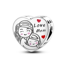 Love You Mom  Daughter Heart Charm Fit Bracelet Necklace, 925 Sterling Silver,