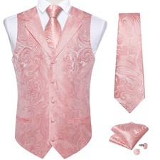 Mens Waistcoat Pink Paisley Vest Necktie Hankie Cufflinks Set Wedding Casual