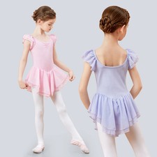 Girls Ballet Leotards Dress 2 Layers Mesh Dress Ruffle Sleeves Ballet Dance