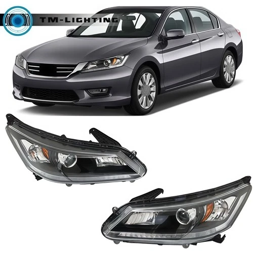 Pair of Headlight Headlamp Black For 2013-2015 Honda Accord  Halogen w/o LED DRL