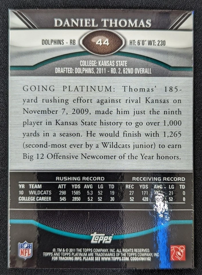 2011 Topps Platinum #44 Daniel Thomas RC Miami Dolphins - Image 2 of 2