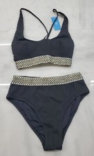 NWT Cupshe Womens Two Piece Swimsuit Size Medium Black off-white ribbed