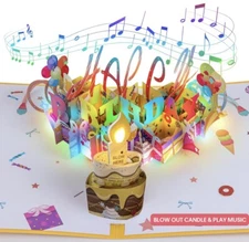 3D Musical Birthday Popup Card, Blowable/Blow Out LED Light Candle and Play H...