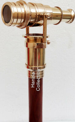 COLLECTIBLE BRASS NAUTICAL TELESCOPE SPY HEAD HANDLE WOODEN WALKING STICK CANES