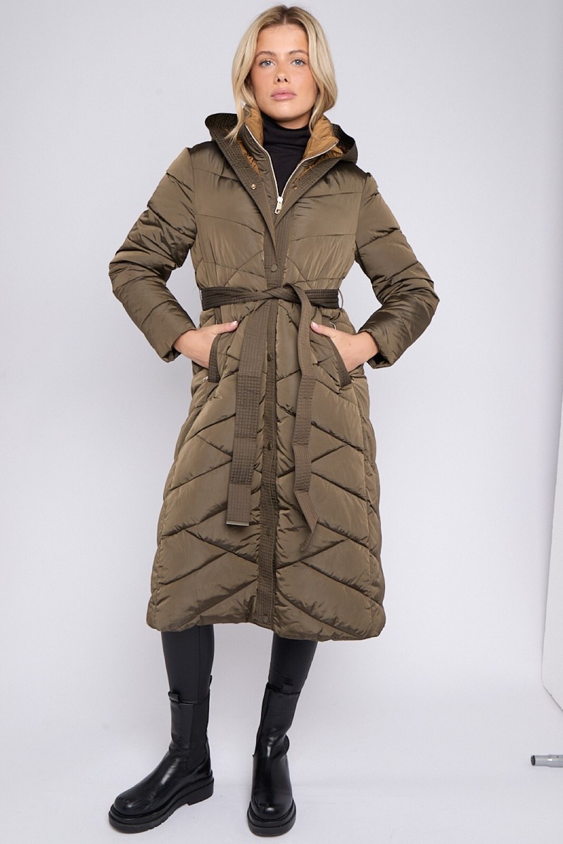 New Women Khaki Diamond Quilted Maxi Hooded Duvet Puffer Coat