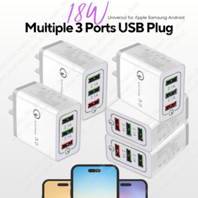 Universal Phone Multiple 3-Port USB Plug Quick Charger AC Block 18W Cube Box Lot