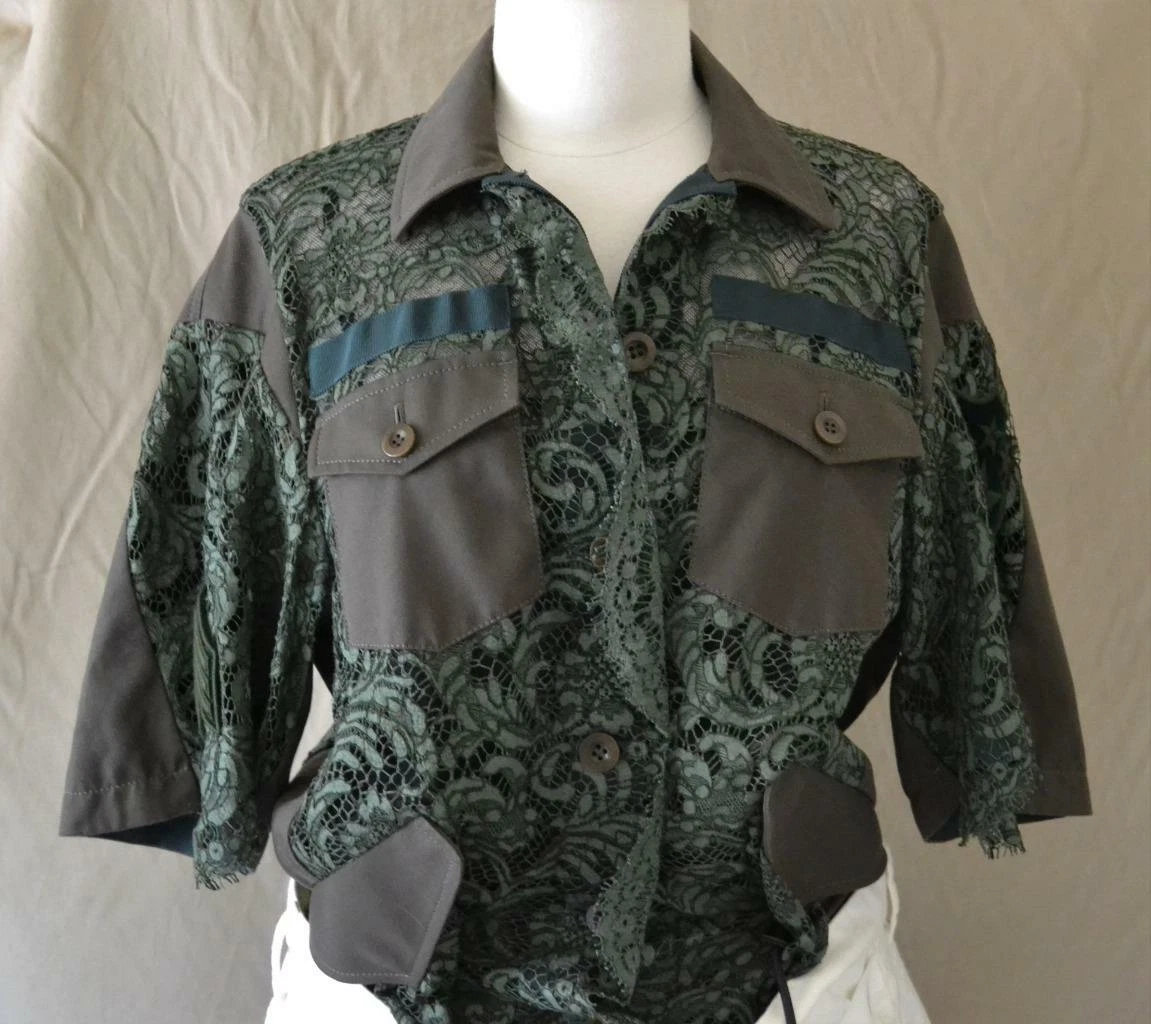 Abito Sacai verde oliva pizzo top bianco fondo demin toppe esercito taglia 2 media