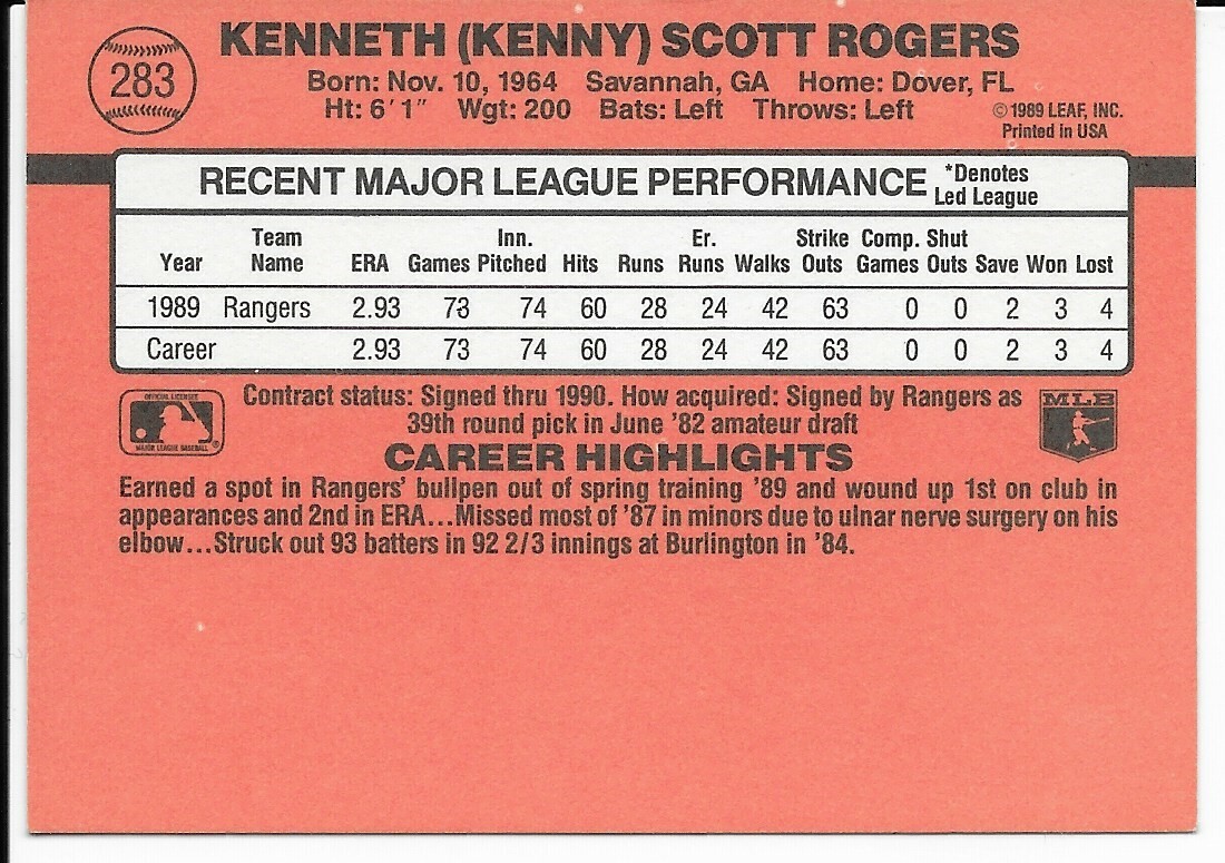 1990 Donruss #283 Kenny Rogers Baseball Card Rookie RC Texas