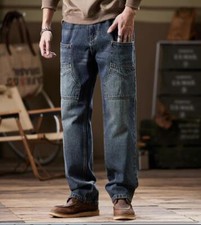 Mens Retro Dark Blue Denim Jeans Straight Leg Pockets Pants Trousers Casual Plus