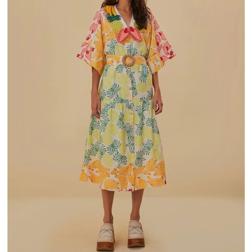 OFF WHITE Farm Rio Abito midi bianco sporco frutta tropicale