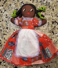 VTG Handmade 14" Topsy Turvy Rag Doll Black White Folk Art Quilt Feed Sack Dress