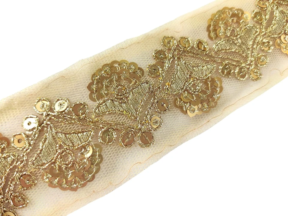 Encaje de lentejuelas doradas - Borde de sari - para costura y artesanía - 3 yardas - por Foto 2 de 4