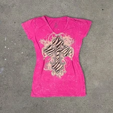Affliction Type Top Womens M Pink Y2K Grunge Cross Coquette Whimsigoth