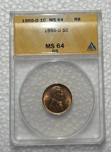 1955-D Lincoln Wheat Cent, Anacs Graded MS64 RB, Beautiful Coin