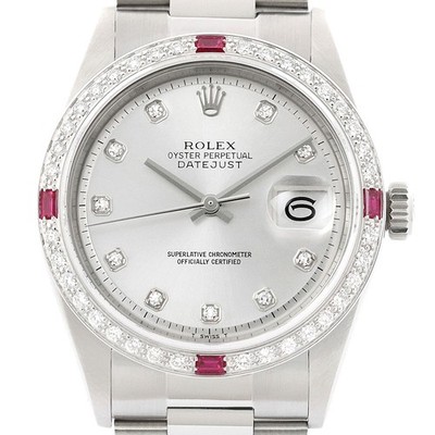 Rolex Datejust Silber Diamant Rubin Lünette 18K Weißgold & SS Oyster Uhr 1601