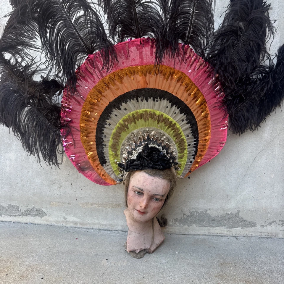 Vintage 1930s Sequin Mesh & Feather Headpiece Hat Showgirl Burlesque Beaded - Image 3 of 4