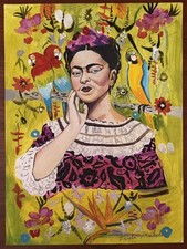 Dibujo de Frida Kahlo en papel antiguo (hecho a mano) obra de arte firmada y estampada