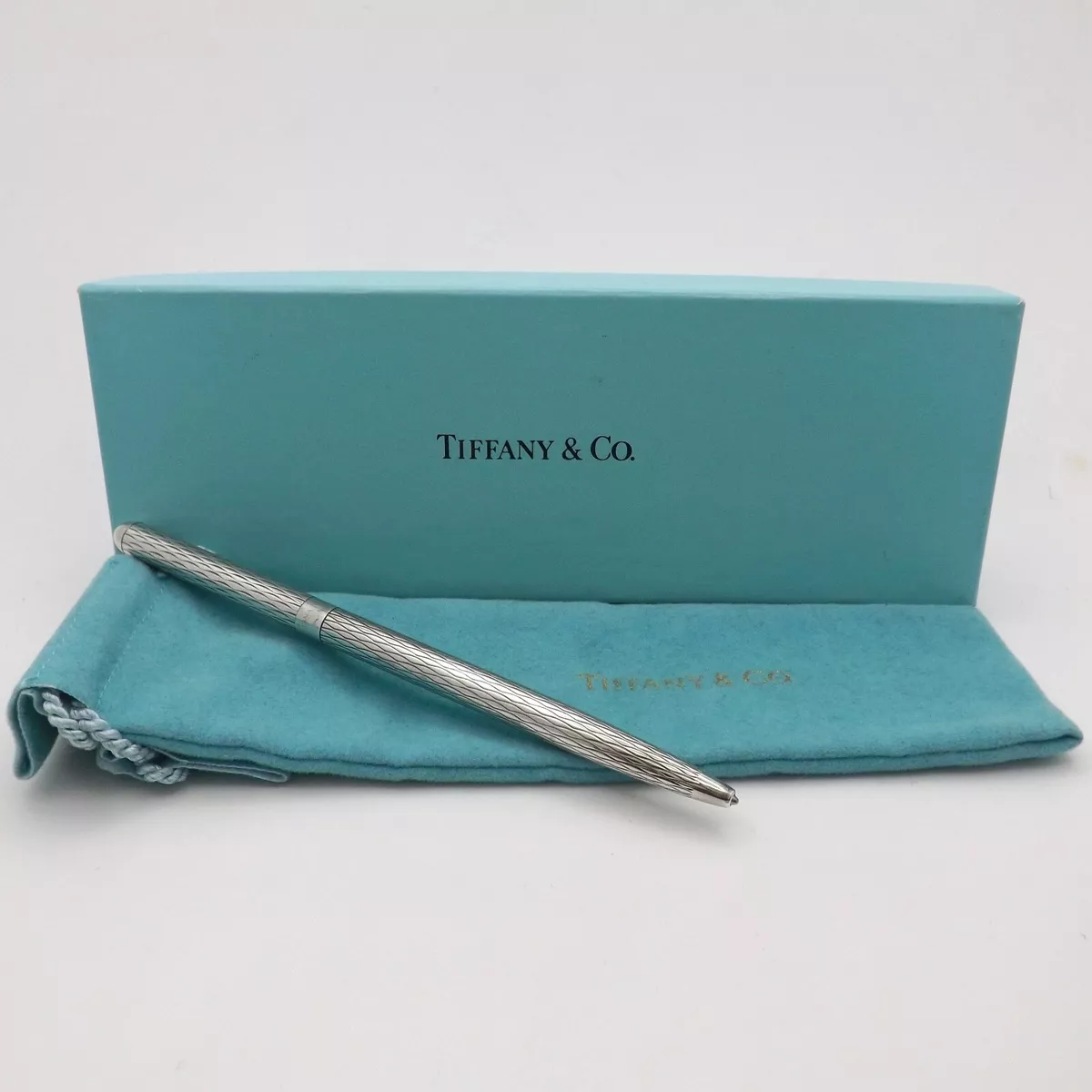 Tiffany Co Sterling Silver Ballpoint Purse Pen Cross Pattern Box Pouch Blue  Ink