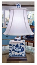 Blue, White Rectangular Box Chinoiserie Lamp. Hand Painted. With Lampshade.
