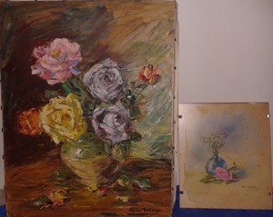 Détails Sur Peinture Huile Sur Toile Bouquet De Fleurs Roses Aquarelle Signé Alice Thomas